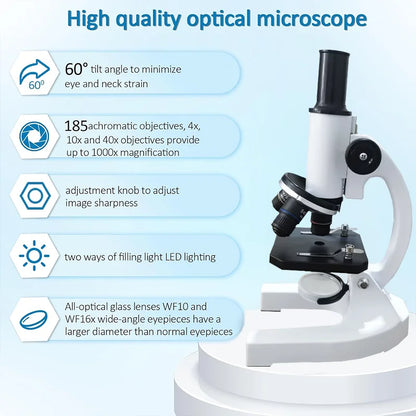 40X-2000X Magnification Microscope for Kids Adults with LED Light & Phone Adapter, Includes Slides Science Educational Kit for S